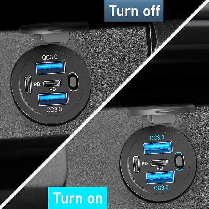 12V USB C Outlet 90W 4 Ports Car Charger Socket, Dual PD 36W and Dual QC 18W Car USB Port 12V Charger with Button Switch and C to C Cable, Suitable for Boat Marine Bus Truck Golf RV Motorcycle