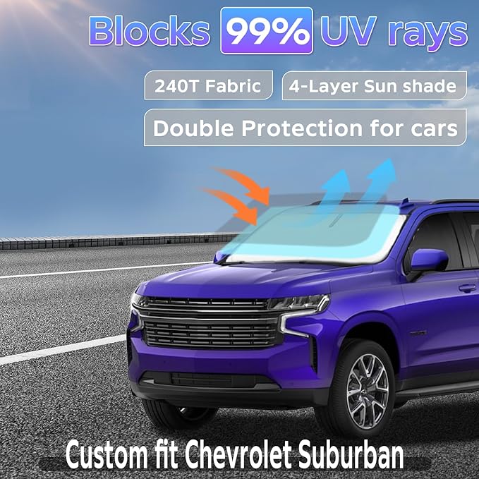 Sun Shade Sunshade for Chevrolet/Chevy Suburban 2021-2025 2026 Windshield Cover, 4-Layers Sun Shield 250T Silver Sun Visor Foldable Window Shade Blocks UV Rays Car Accessories