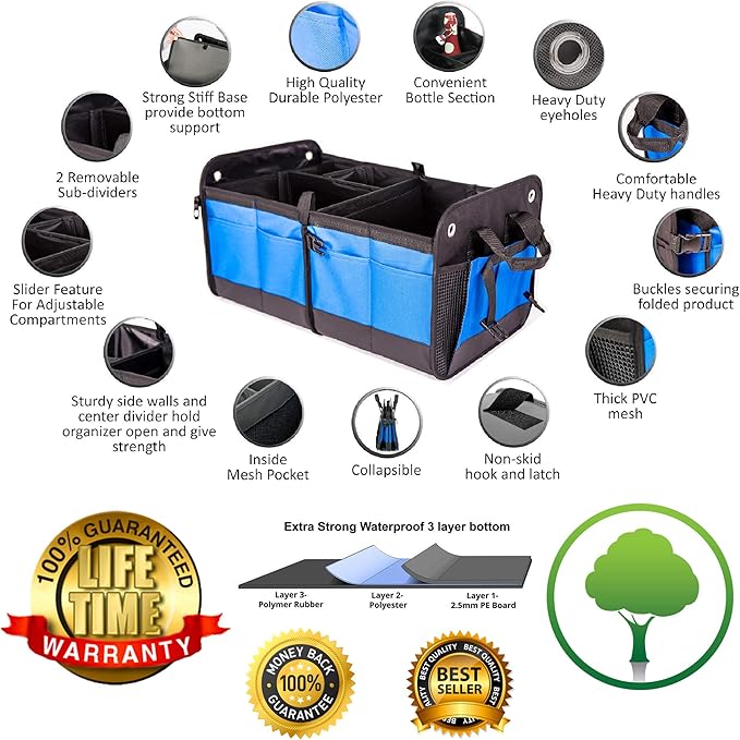 TRUNKCRATEPRO Save 15 per cent off bundle of 2 collapsible portable multi compartments trunk organizer (1 XL organizer and 1 regular blue organizer)