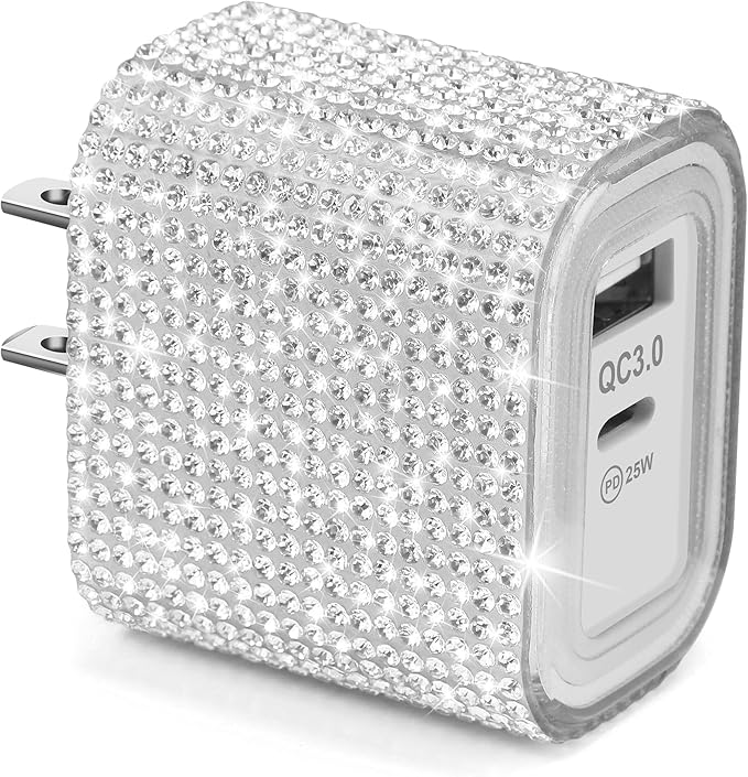 Aolcev for iPhone Charger Fast Charging Bling 2 in 1 USB A USB C Charger Block 25W Type C Fast Charging Blocks for iPhone 17 16 15 14 13 iPad Bling USB C Adapter for Galaxy S26 S25 Rhinestones Sliver