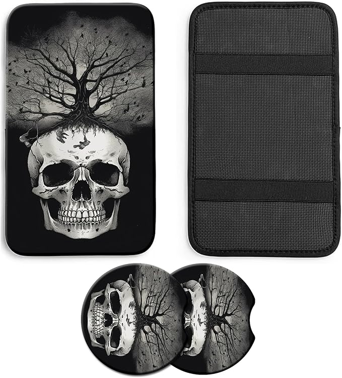 Car Armrest Cover Pads Universal Fashion Cute Auto Center Console Armrest Cover Pad with 2PCS Car Coasters Soft Waterproof Car Armrest Seat Protector for Women,Black White Skull Tree