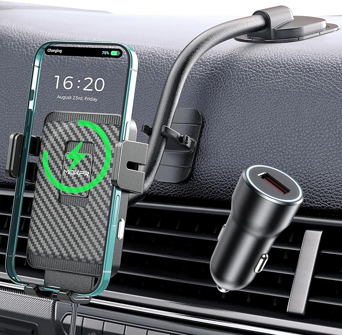 MOKPR Wireless Car Charger, Adjustable Gooseneck Car Mount Auto-Clamping Car Charger, Dashboard [with Anti Shake stabilizer] Phone Holder fit for iPhone 17 16 15 14 13 12, Samsung,with QC 3.0