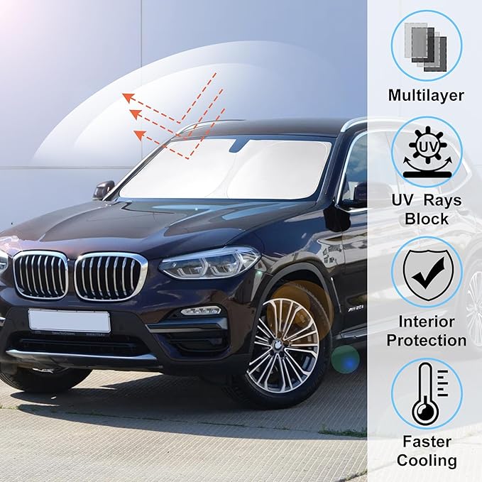 Windshield Sun Shade Compatible with 2018-2024 2025 2026 BMW X3 Accessories Foldable Sunshade Sun Blocker Protect Car from Sun Rays & Heat Damage