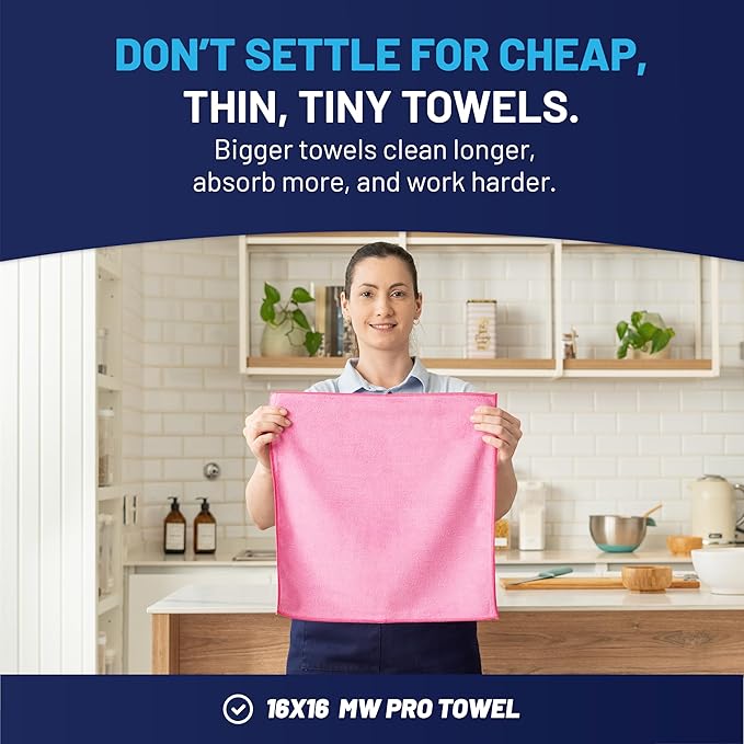 MW Pro Microfiber Cleaning Cloth | Pink | 12 Pack | 16” x 16” | All Purpose Microfiber Towels - Clean, Dust, Polish, Scrub, Absorbent