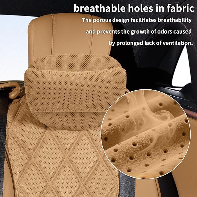 Car Neck Pillow, Soft Breathable Leather Car Neck Pillow Comfortable Head Neck Rest Support Cervical Pillow with Adjustable Strap, Universal Fit Cars SUVs Sedan Home Office (Light Brown)