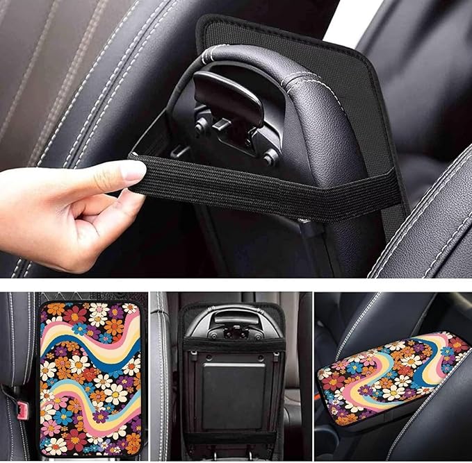 Hippie Floral 70s Car Center Console Cushion Pad Flower Hippy Armrest Box Protector Cover Universal Fit Dustproof Car Arm Rest Cover Auto Interior Decoration