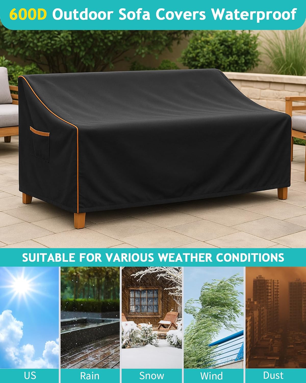 Outdoor Sofa Cover, Waterproof Patio Furniture Cover 60W x 42D x 33H inches Heavy Duty 600D Oxford Fabric Black