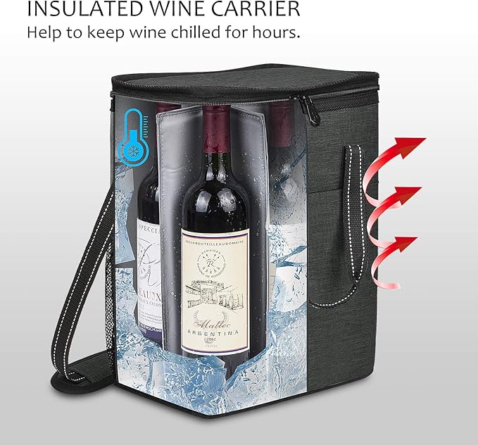 Tirrinia 6 Bottle Wine Gift carrier - Insulated & Padded Wine Carrying Cooler Tote Bag with Handle and Adjustable Shoulder Strap for Travel or Picnic, IDEAL Wine Lover Gift, Black