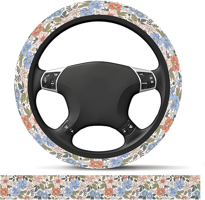 Elastic Car Steering Wheel Cover, Universal 15 inch Non-Slip Breathable Neoprene Steering Wheel Protector, Car Accessories for Women Men Fit Auto, Suvs, Truck Colorful Floral Bloom
