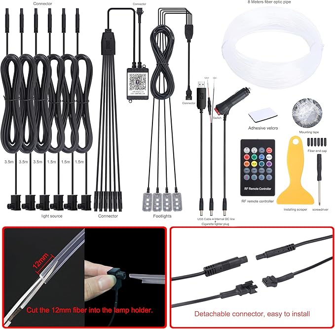 8 m Optic Fiber Car Ambient Lighting Kit Bluetooth App Control + RF Remote Control 64 Colors Multicoloured Music Interior Footwell Lighting Kit 12V 1W
