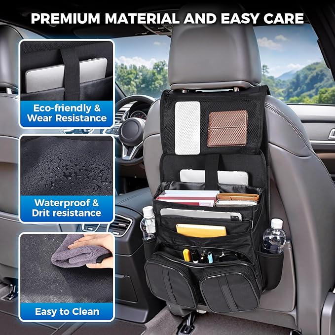 Tsumbay 2-in-1 Car Seat Organizer for Front Seat, Hanging Car Organizer with Laptop Compartment, Tablet Holder & Adjustable Shoulder Strap, Heavy-Duty Oxford Leather Office Organizer for SUV,Truck,Van