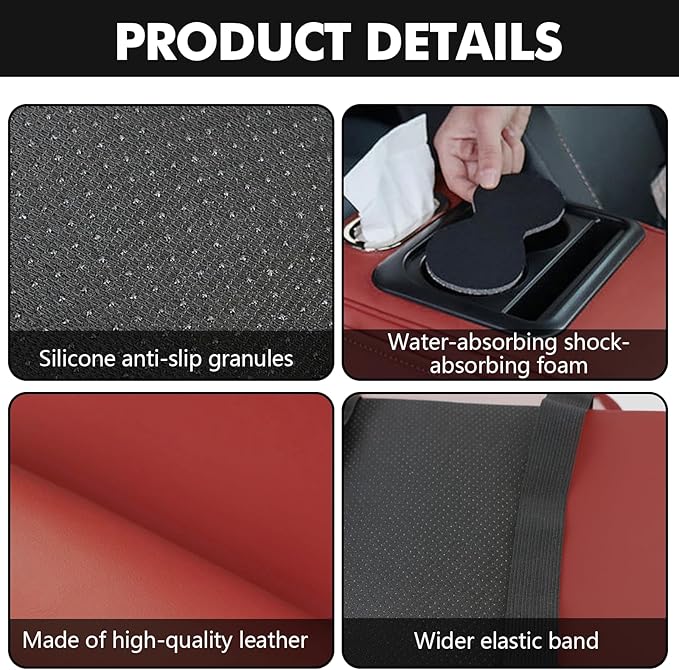 wuyaoyao Car Center Console Cover, 13.39"×8.27"×3.15" Leather Car Armrest Cover with Pocket & Tissue Box & Cup Holder, Multifunctional Auto Armrest Cushion Pad, Universal Car Accessories (Wine Red)