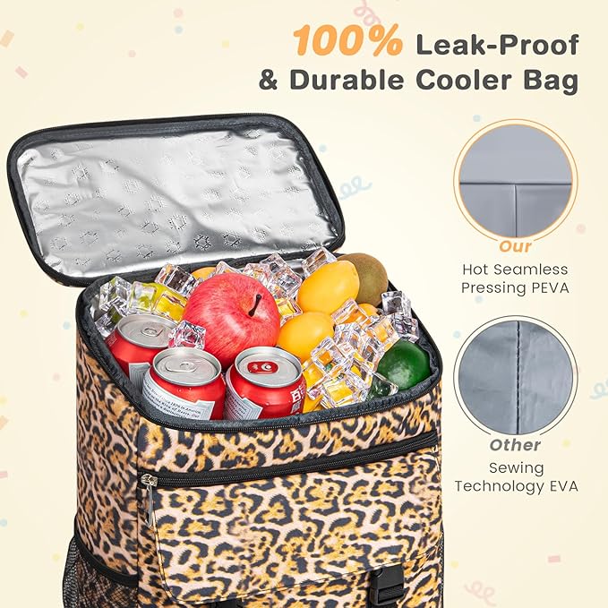 Cooler Backpack Soft Insulated Leak Proof 30 Cans Insulated Backpack Cooler Portable Picnic Camping Beach Hiking BBQ Lunch Backpack for Men and Women -Leopard Print