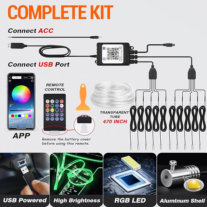 Interior Car LED Strip Lights, RGB 10-in-1 16 Million Colors Ambient Lighting Kit with 470 inches Fiber Optic Wireless APP & Remote Control Music Sync