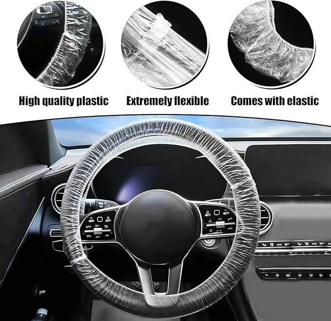 100PCS Disposable Steering Wheel Cover, Plastic Transparent Car Steering Wheel Covers with Elastic Trims, Universal Steering Wheel Protector, Interior Car Accessories