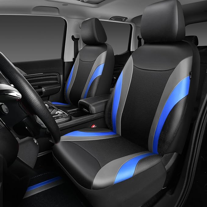CAR PASS Leather Car Seat Covers Full Set with Waterproof Car Floor Mats,Airbag Compatible,Automotive Interior Covers for Cars,Sedans,Trucks,Vans,SUV with Car Carpet Mats(Black and Blue)