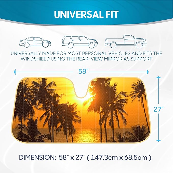 BDK Golden Sunset Palm Trees Front Windshield Sun Shade Accordion Folding Cute Car Window Shades for Truck & Car Sunshade Shield for Sun UV Rays - Visor Protector Keeps Vehicle Cool - 58 x 27 inches