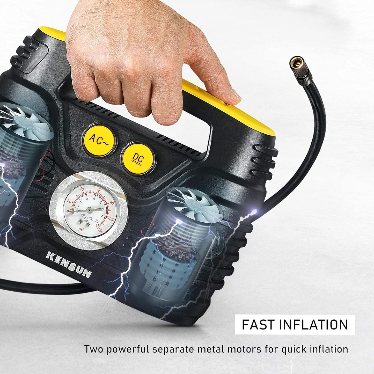 Kensun Portable Air Compressor Pump for Car 12V DC and Home 110V AC Swift Performance Tire Inflator 100 PSI for Car - Bicycle - Motorcycle - Basketball and Others with Analog Pressure Gauge (AC/DC)
