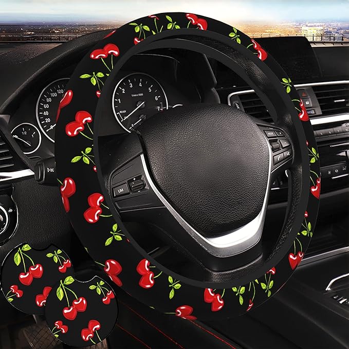 Cherry Hearts Red Steering Wheel Cover - Cherry Hearts Red Steering Wheel Cover Car Women Breathable Universal for 14-15 Inch Anti-Slip 2 Pieces Car Coasters for Men Women