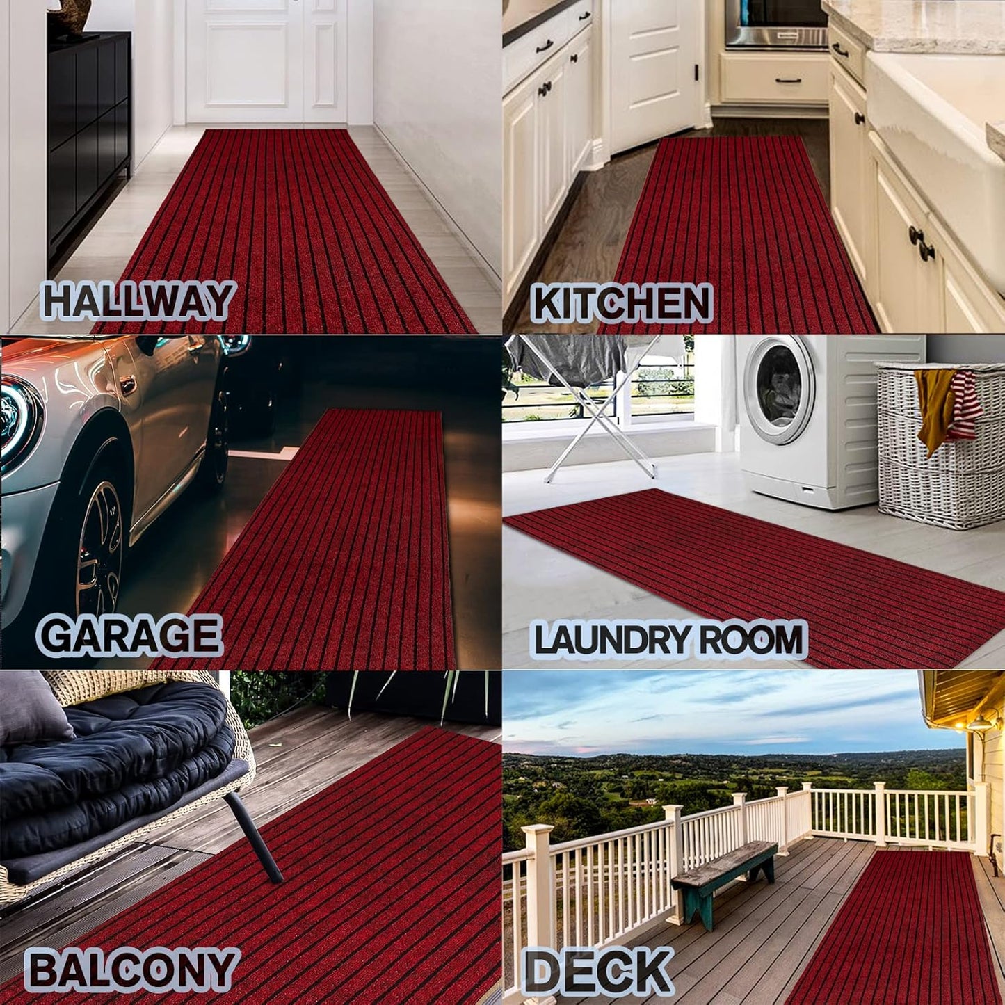 Custom Size Backed Non-Slip Area Rugs Runner, Easy Clean, Waterproof Runner Rugs for Hallway Entryway, Kitchen, Laundry, 2FT x 51FT, Red Stripe