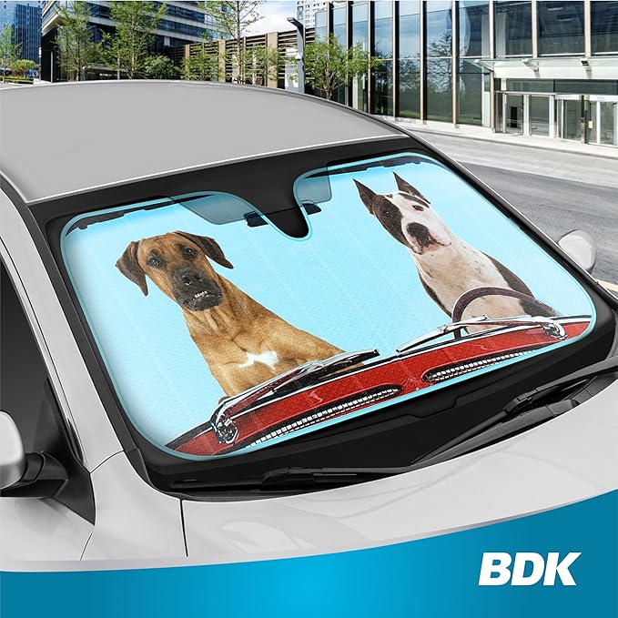2 Dogs Driving Front Windshield Sun Shade - Accordion Folding Auto Sunshade for Car Truck SUV - Blocks UV Rays Sun Visor Protector - Keeps Your Vehicle Cool - 58 x 28 Inch