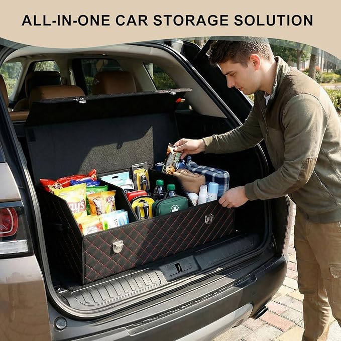 Trunk Organizer with Lid for Car Foldable Storage Box Heavy Duty PU Leather Cargo Organizer for SUV Sedan Waterproof (Red, Large)