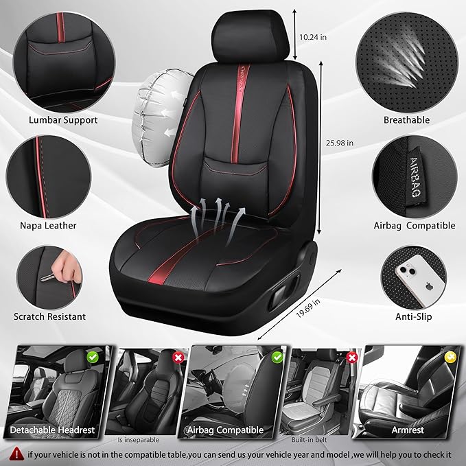CAR PASS Nappa Leather Two Front Car Seat Covers, Water Resistant Faux PU Leather Seat Covers, 3D Foam Support Automotive Seat Covers Comfortable & Durable Universal Fit for Cars SUV Truck, Black Red