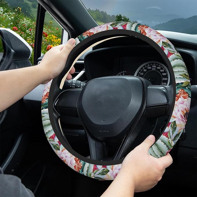 Watercolor Cactus Car Steering Wheel Cover, Flowers Roses Non-Slip Absorbing Sweat Car Wheel Cover Accessories for Men Women,Universal 15" Fit Auto SUV Vans Trucks