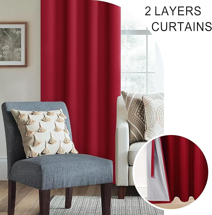XWZO Full Shading Blackout Curtains 95 Inches Length - Heat and Light Blocking Ring Top Window Drapes with Black Liner Backing for Bedroom Sewn with Tiebacks, Christmas Red, W52 x L95, Set of 2