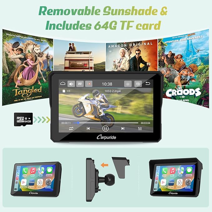 Carpuride W502 Motorcycle GPS Wireless Portable Carplay/Android Auto Waterproof Car Stereo, 5" IPS Touch Screen with Dual Bluetooth, Navigation/Siri/G00gle Assistant for Motorbike