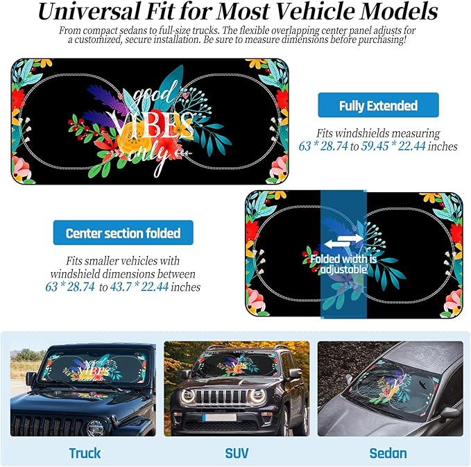 63"x28.5" Car Windshield Sun Shade with Storage Pouch, Stylish Printed Front Window Sunshade with Double Ring Frame, Universal Fit Foldable Heat Blocker & UV Protector for SUV, Sedan (Good Vibes)