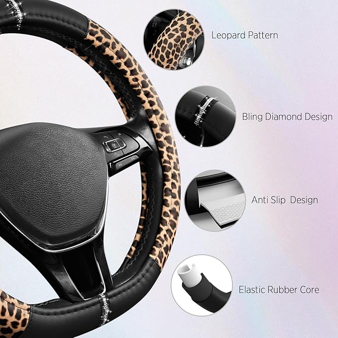 Road Comforts Leopard Steering Wheel Cover - Made with PVC Leather Cheetah Print, D-Shaped Automotive Steering Wheels - Anti-Slip, Universal Fit 14 1/2 inches to 15 inches - Black