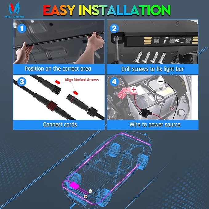 MICTUNING N8 RGBW Underglow Chasing Lights for Car with Remote & Key Fob Dual Control, IP68 Waterproof Rigid Aluminum LED Light Bar, Exterior Neon Accent Underbody Light Kit Multicolor Mode
