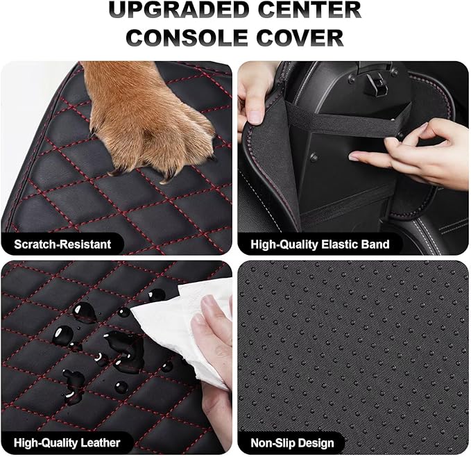 Upgraded Car Center Console Cover Fit for Tacoma Faux Leather Car Armrest Cover Cushion with 2 Storage Bags,Car Armrest Storage Box Interior Accessories(Black&Redline)