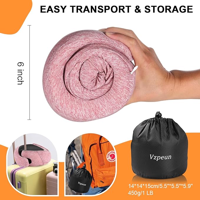 Travel Pillow - Hooded Neck Pillow Airplane Memory Foam Filling for Plane, Cars Sleeping, Road Trip, Long Flights, Portable Plane Accessories, Includes Eye Mask & Earplugs (Red)