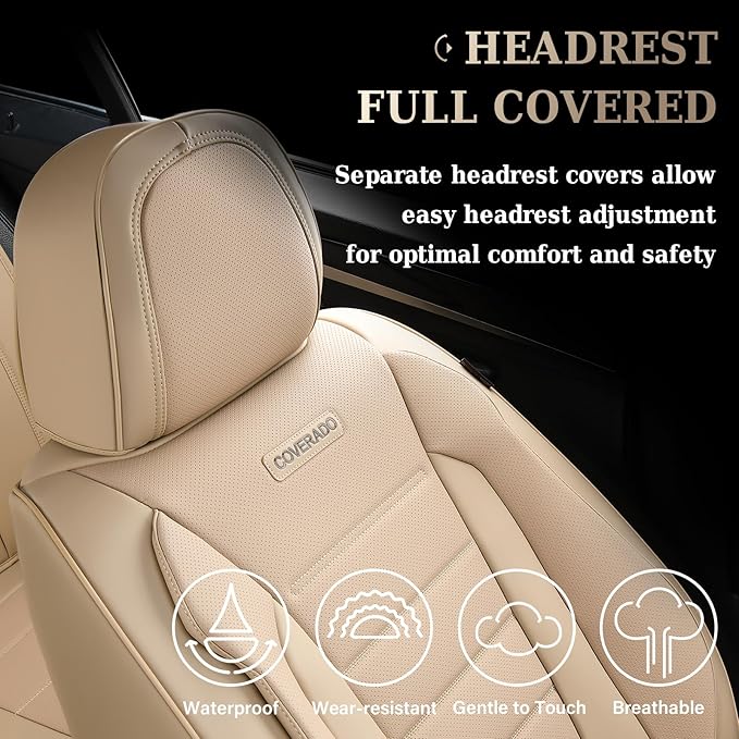 Coverado Front and Back Seat Covers for Cars, Nappa Leather Car Seat Covers, Automotive Seat Covers for Trucks, 5 Seats Waterproof Carseat Protector Car Seat Cover Beige, Universal Fit for Most Cars