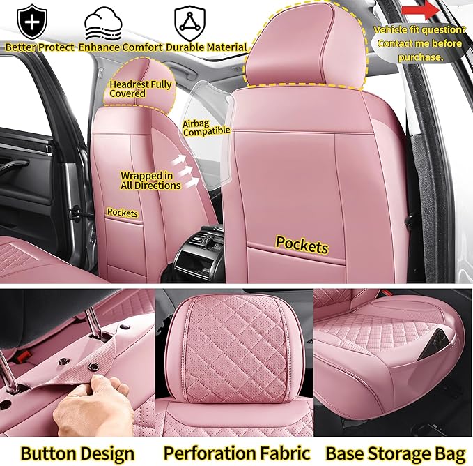 Chezope Car Seat Covers Full Set, Pink Leather Seat Covers, Breathable Front and Back Car Seat Protectors, Wear-Resistant Seat Covers Universal Fit for Most Cars SUV Truck (Pink-Diamonds,Full Set)