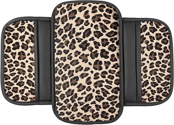 Dotesy Cheetah Print Car Center Console Cover,Microfiber Leather Car Armrest Pad Cushion with 2 Storage Bags,Universal Car Armrest Storage Box Car Interior Accessories for Most Vehicles Beige Tan