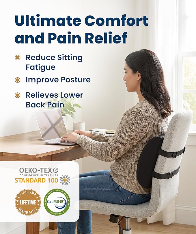 Everlasting Comfort Lumbar Support Pillow for Office Chair - Memory Foam Back Cushion for Car Seat - Promotes Better Posture, Back Pain Relief - Ideal Gaming and Desk Chairs Work and Home Essentials