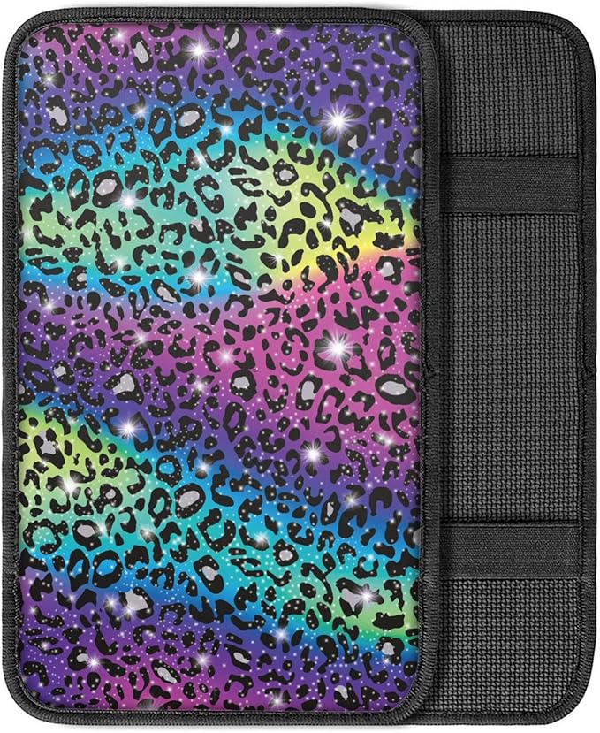Coldinair Rainbow Glitter Leopard Print Car Center Console Pad Soft Armrest Protector Cover Fit for Most Vehicle,SUV,Truck,Wild Cheetah Car Interior Accessories Decor