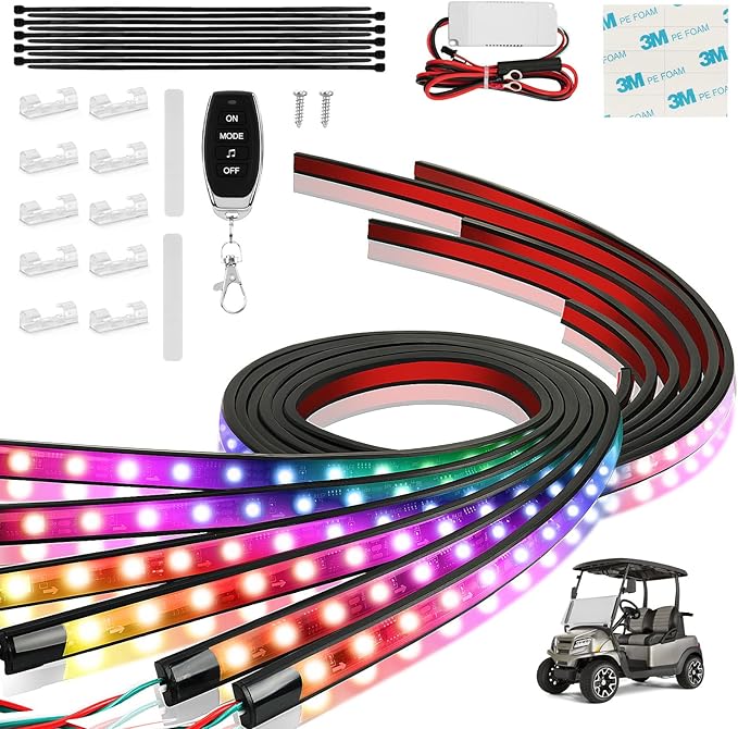 Golf Cart Underglow LED Light Strip Kit, 28 RGB Modes with Music Sync & Wireless Remote | 12-85V Wide Voltage, Fit Club Car, EZGO, Yamaha (2/4/6 PCS)