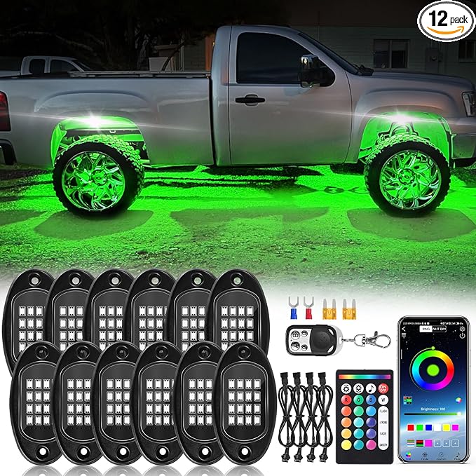 12Pods RGB LED Rock Lights Kit with APP/RF Remote Control Dual Zone Brake, Car Underglow Lights Multicolor Neon Underbody Lights Waterproof 12V for Trucks Pickup Jeep Golf Cart SXS ATV