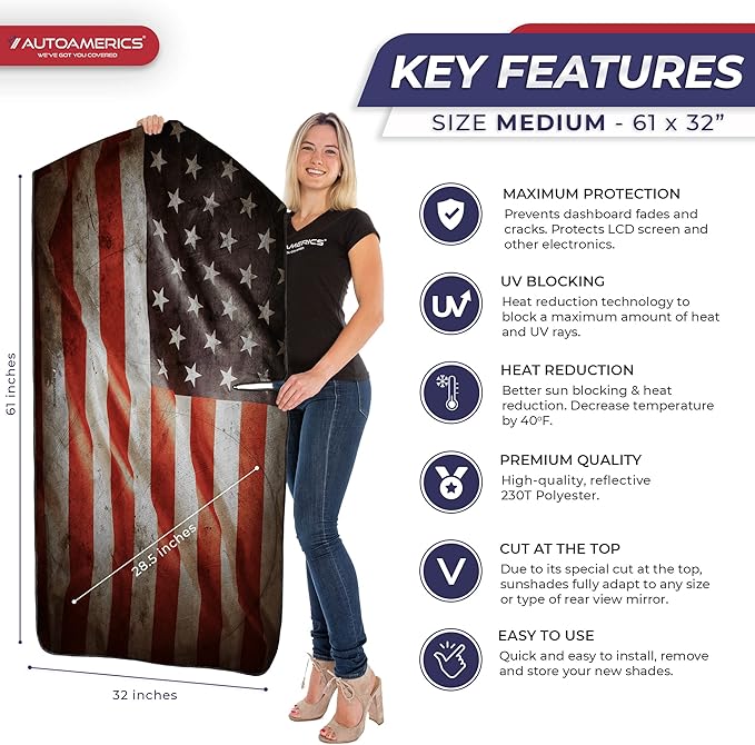 Autoamerics 1-Piece Windshield Sun Shade Grunge American Flag - 1 USA Design - Foldable Car Front Window Sunshade for Most Sedans SUV Truck - Blocks Max UV Rays and Keeps Your Vehicle Cool - Medium