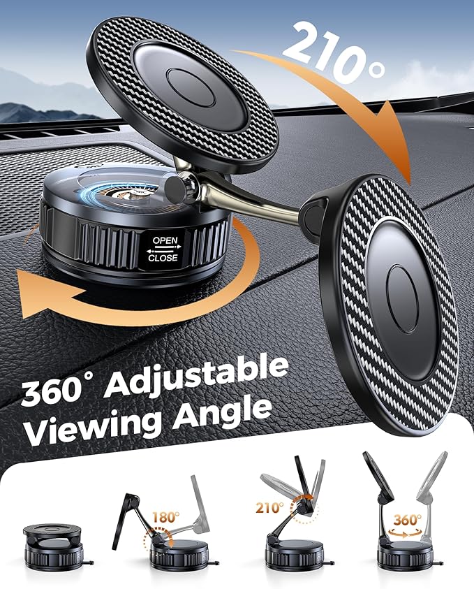 Car Phone Holder for Magsafe – [Carbon Fiber] Phone Mount for Car [Super Strong Magnetic, 360° Adjustable, 108LBS Vacuum Suction] Phone Holders for Your Car, Car Accessories for iPhone 17–12 Series