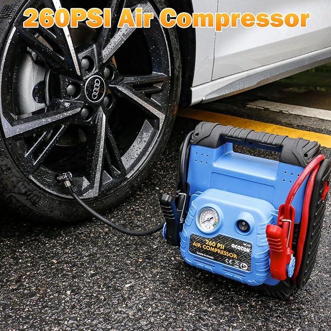 Jump Starter,1600 Peak Amp 12 Volt Jump Starter with Air Compressor, Auto Lead-Acid Battery Booster (Up to 6L Gas or 6L Diesel Engine) with LED Light & USB Output