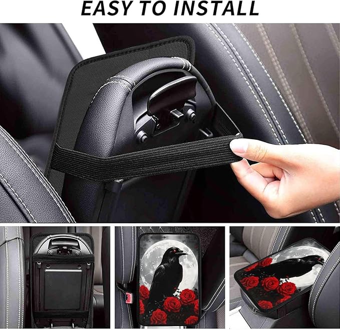 Gothic Raven Moon Red Roses Car Handrail Box Cushion Armrest Cover Auto Center Console Pad Car Decor 12.6X7.5 in