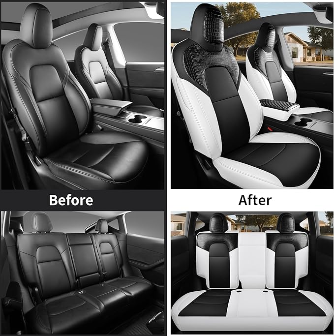 for Tesla Model Y Seat Cover Customized Fit 2020 2021 2022 2023 2024 Black Crocodile Leather and Nappa Leather Splicing Seat Cover Full Set (Crocodile Black)