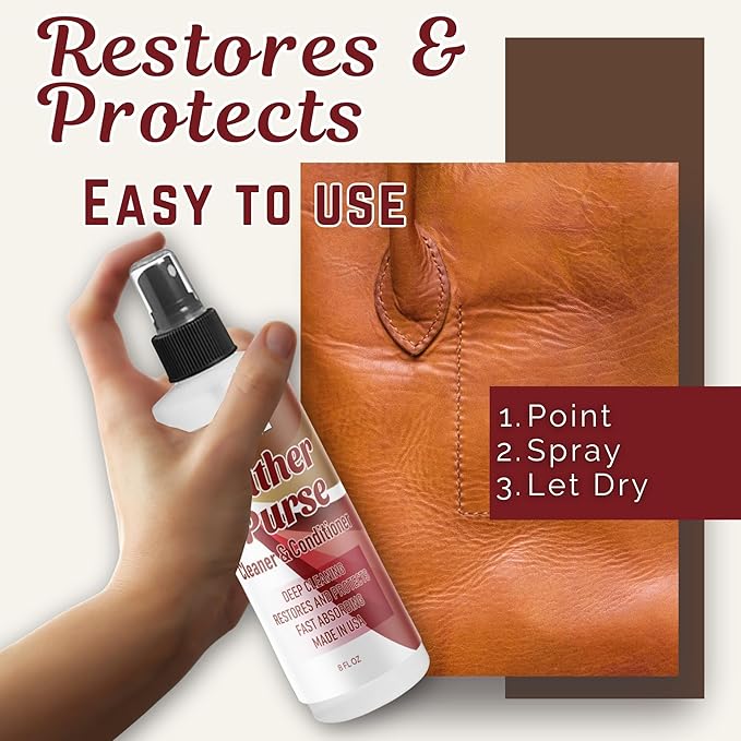 8oz Leather Purse Cleaner & Conditioner – 3-in-1 Spray for Handbags, Designer Bags & Luxury Purses – Deodorizes, Cleans, Conditions & Restores Leather – Safe on Finishes