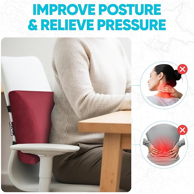 FORTEM Lumbar Support Pillow for Office Chair, Lumbar Support Pillow for Car, Back Rest for Gaming, Memory Foam Pillow, Desk Chair Cushion, Breathable & Washable Cover, Adjustable Straps