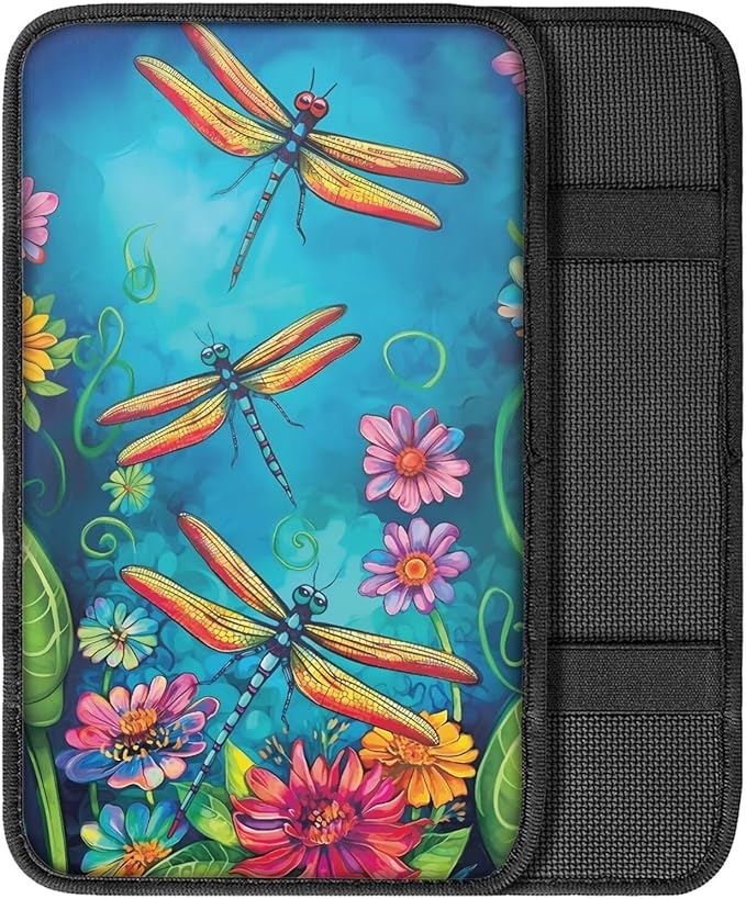 Dreaweet Dragonfly and Flower Print Car Center Console Armrest Cover Pad Soft Universal Center Console Armrest Cover Protector for Vehicle SUV Trucks Sedan Cute Car Accessories for Women Girly